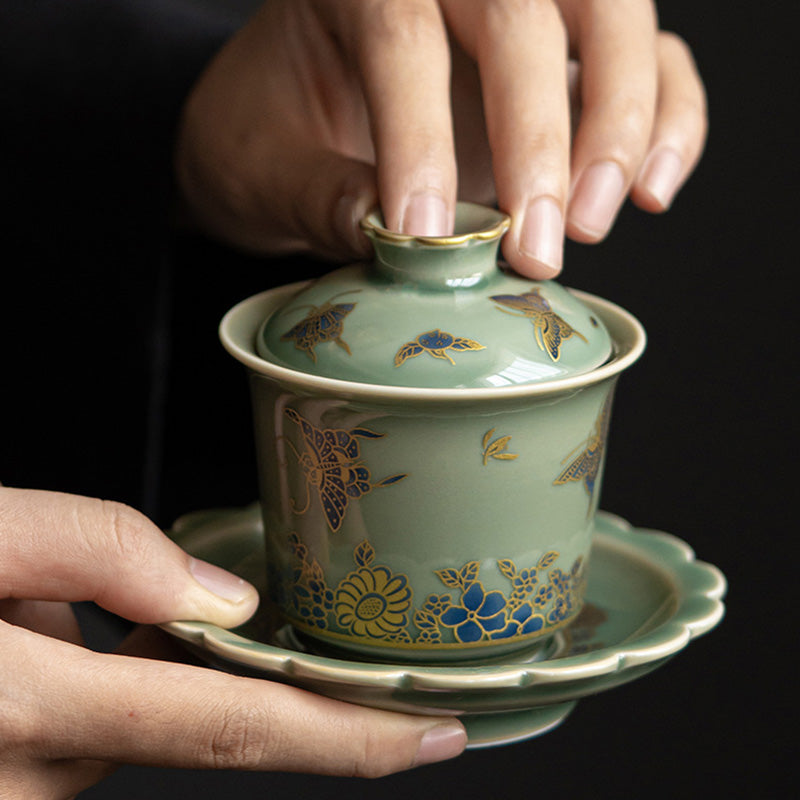Teetassen Mit Untertassen Gaiwan Blume Porzellan