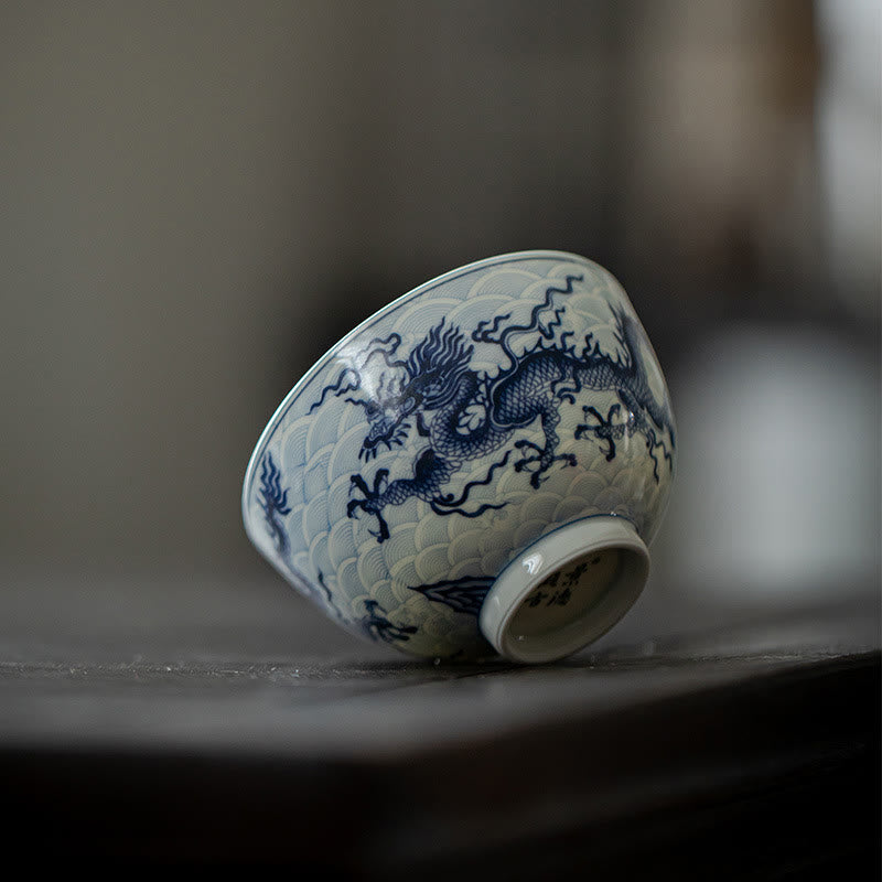 Teetassen Porzellan Drache Blau Gaiwan
