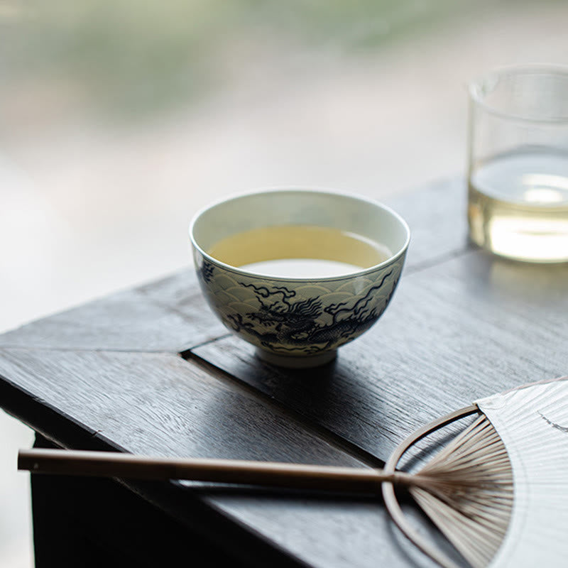 Teetassen Porzellan Drache Blau Matcha