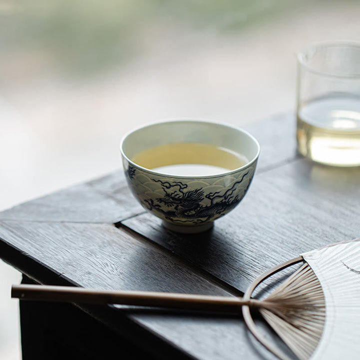 Teetassen Porzellan Drache Blau Matcha