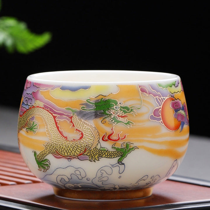 Teetassen Porzellan Drache Phönix Wolken Gaiwan