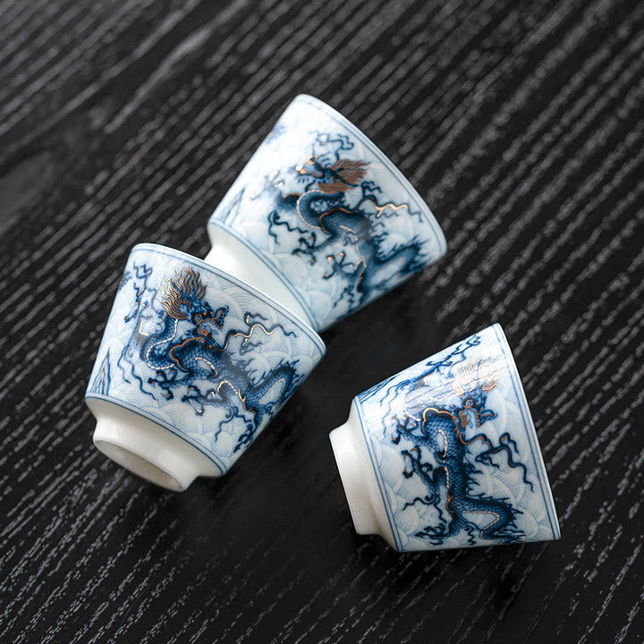 Teetassen Sets Drache Blau Weiß Keramik Gaiwan