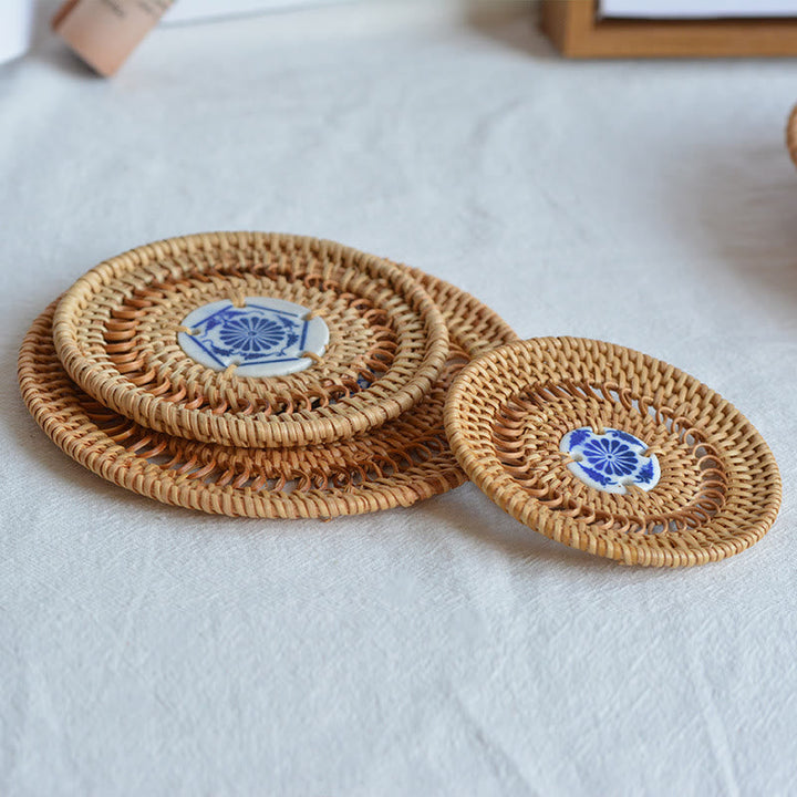 Teetassen-Untersetzer Rattan Blumenmuster Keramik