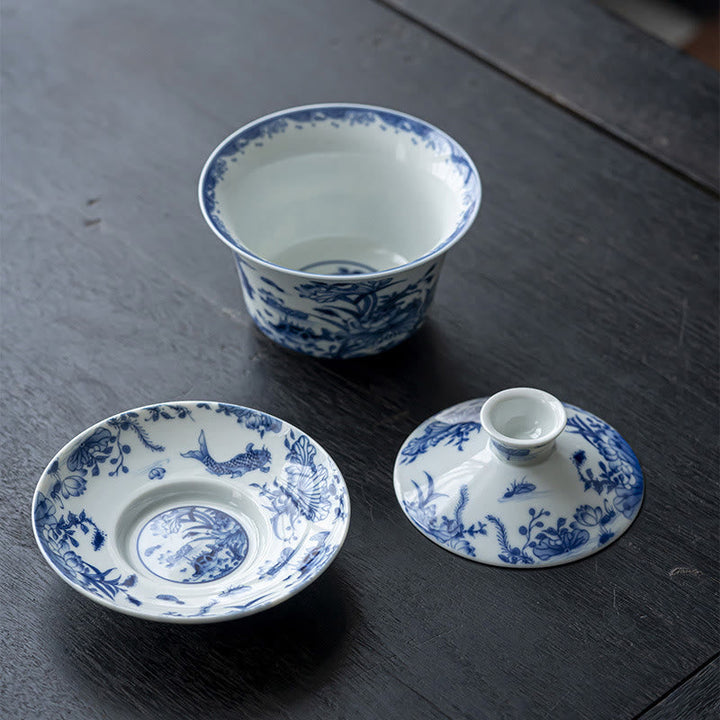 Teetassen Weiß Porzellan Gaiwan Koi Lotus Deko
