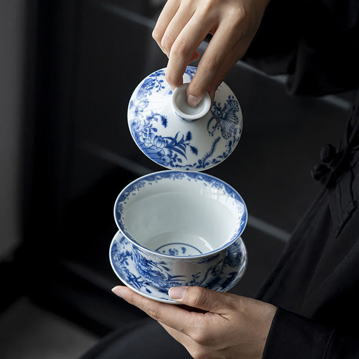 Teetassen Weiß Porzellan Gaiwan Koi Lotus Geschenk