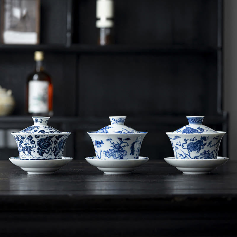 Teetassen Weiß Porzellan Gaiwan Koi Lotus Keramik