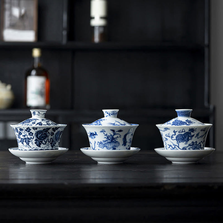 Teetassen Weiß Porzellan Gaiwan Koi Lotus Keramik