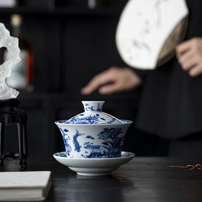 Teetassen Weiß Porzellan Gaiwan Koi Lotus Matcha