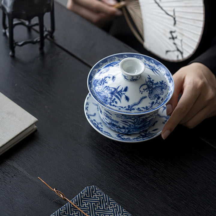 Teetassen Weiß Porzellan Gaiwan Koi Lotus Teezeremonie