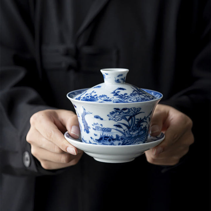 Teetassen Weiß Porzellan Gaiwan Koi Lotus