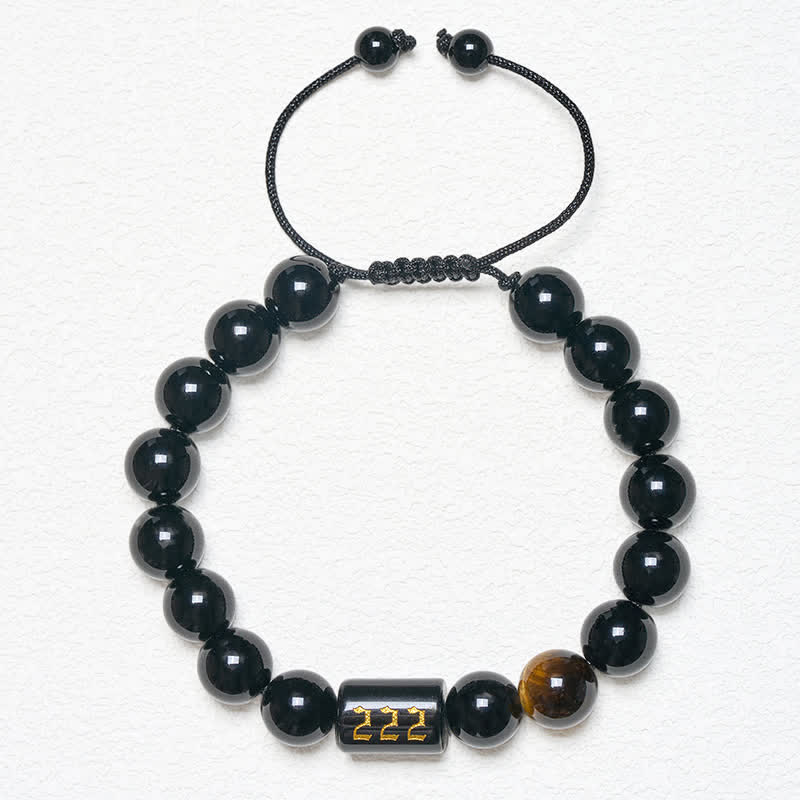 Armband Schwarzer Obsidian Tigerauge Stärke Segen Engelszahl 222 Handgelenk