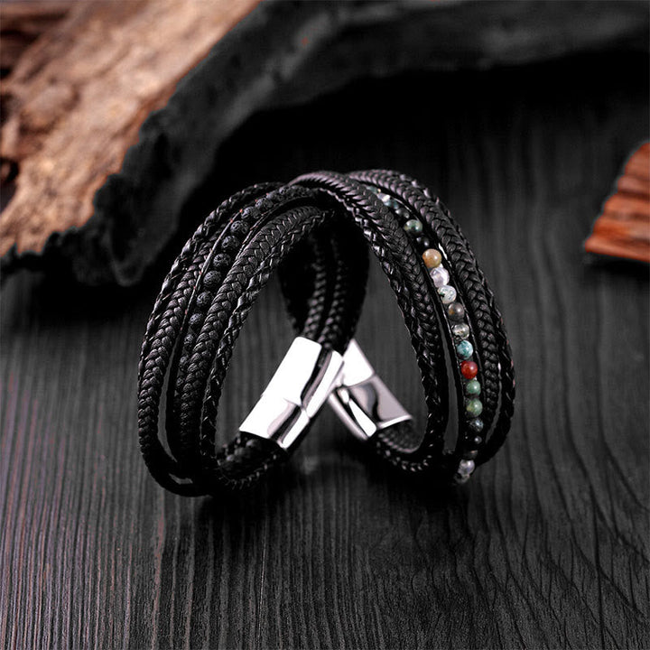Armband Tigerauge Amazonit – Stärke aus geflochtenem Leder mit bunten Edelsteinperlen