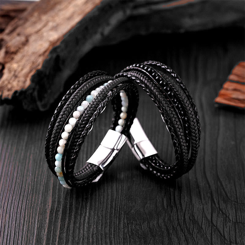 Armband Tigerauge Amazonit – Stärke aus Leder mit Edelsteinen Magnetverschluss