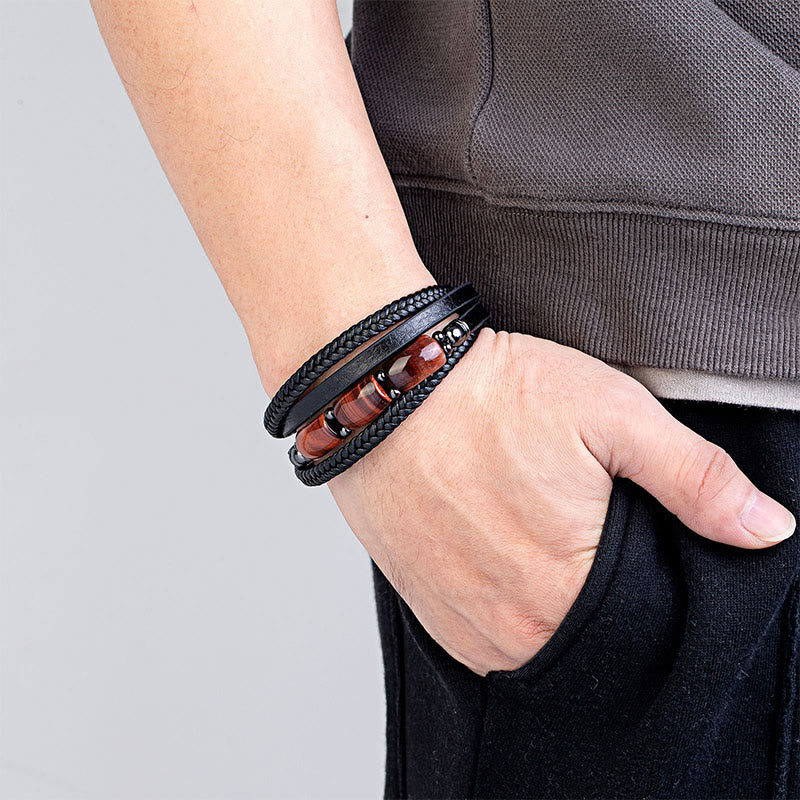 Armband Tigerauge Leder Stärke geflochten schwarz Herren Handgelenk getragen