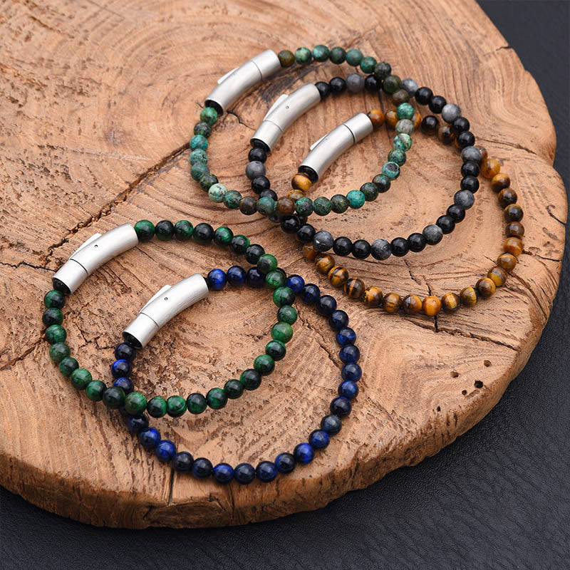 Armband Tigerauge Türkis Positivität Edelsteine Magnetverschluss Holz natürlich