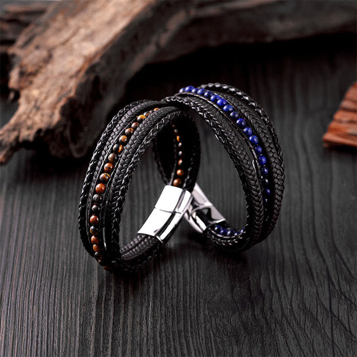 Armband Tigerauge Amazonit Stärke Leder geflochten Edelstahl Magnetverschluss Herren Holz