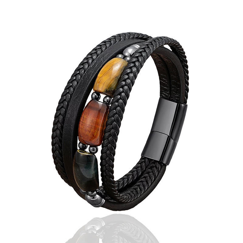 Armband Tigerauge Leder Stärke geflochten Magnetverschluss Edelstein Herren Handgelenk