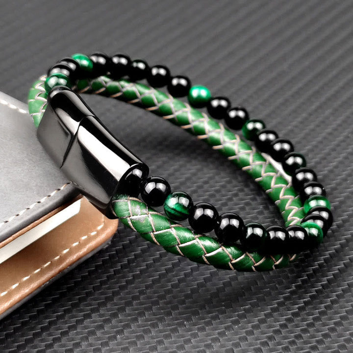 Armband Grünes Tigerauge Leder Stärke geflochten schwarze Perlen Magnetverschluss Handgelenk