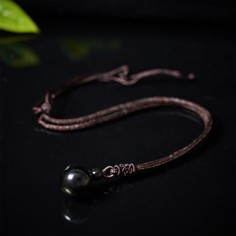 Obsidian Kette schwarzer Naturstein Anhänger Kupfer Kordel Schmuck