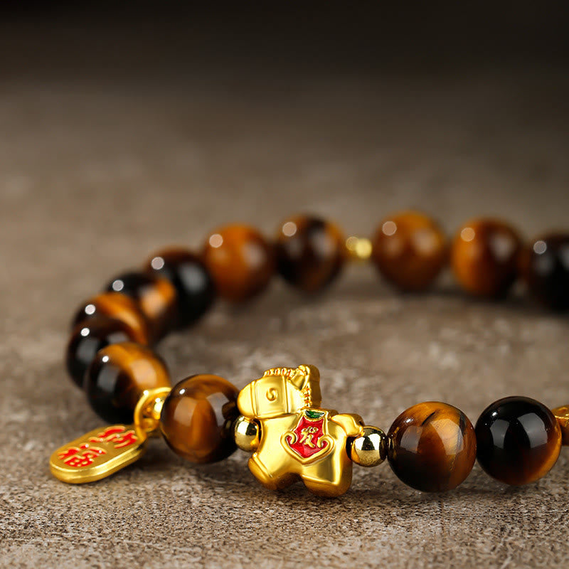 Armband Tigerauge Jahr Des Pferdes – Mut goldenes Pferd Perlen Handgelenk