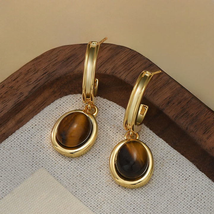 Ohrringe Tigerauge Kupfer Retro Schutz ovale Ohrhänger Boho Schmuck spirituell