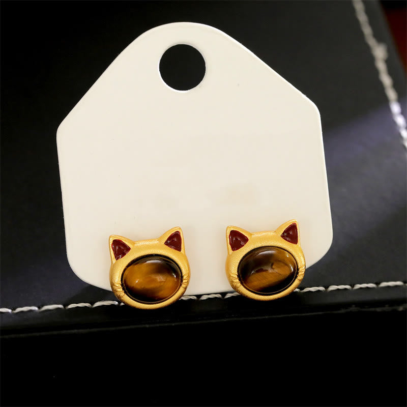 Ohrringe Türkis Tigerauge Katze – Schutz goldfarben Ohrstecker Boho Schmuck spirituell