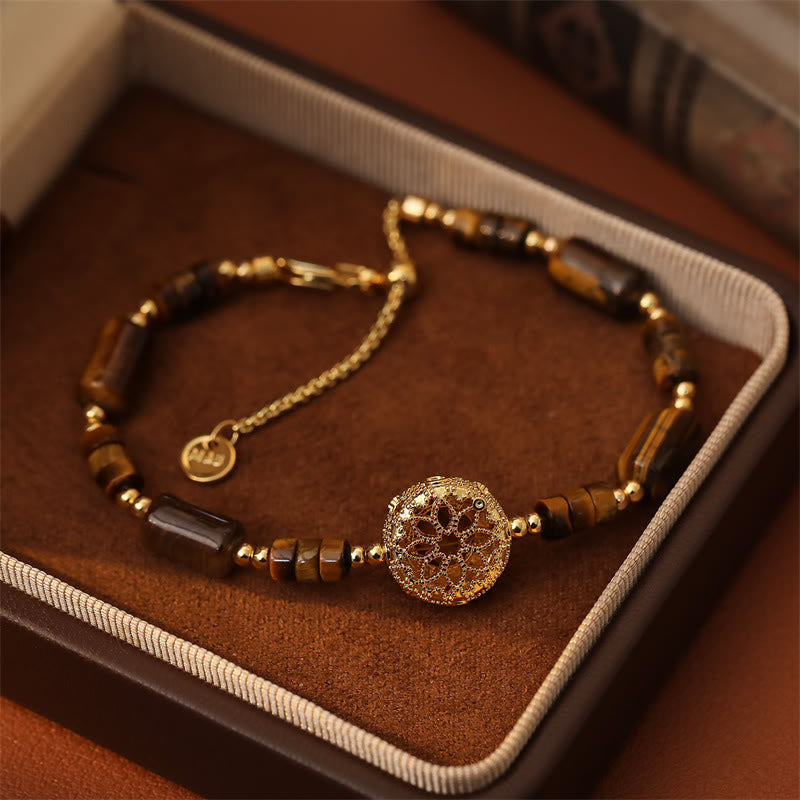 Armband Tigerauge Kupfer 18K Vergoldet Schutz Kraft Blume filigran Handgelenk