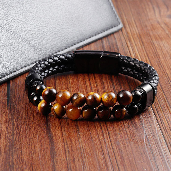Armband Tigerauge Leder Schutz Perlen Magnetverschluss Herren Handgelenk Holz