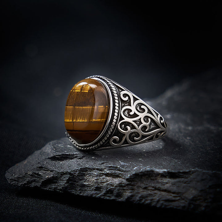 Tigerauge Ring Kupfer Stärke elegant graviert Silber Fengshui Schutz Schmuck