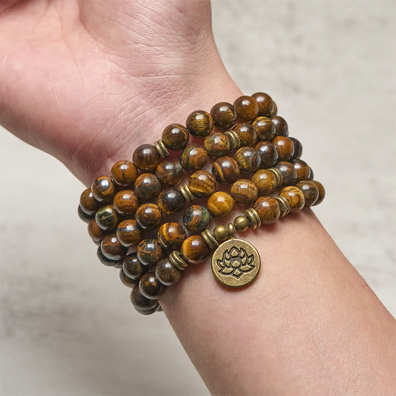 Armband Tigerauge Lotus Stärke Mala mehrreihig Handgelenk Schutz Meditation