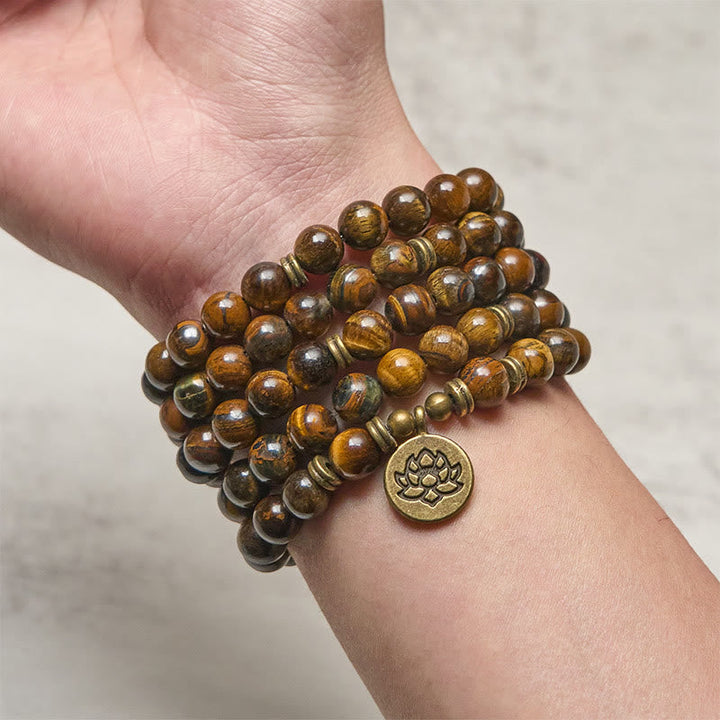 Armband Tigerauge Lotus Stärke Mala mehrreihig Handgelenk Schutz Meditation