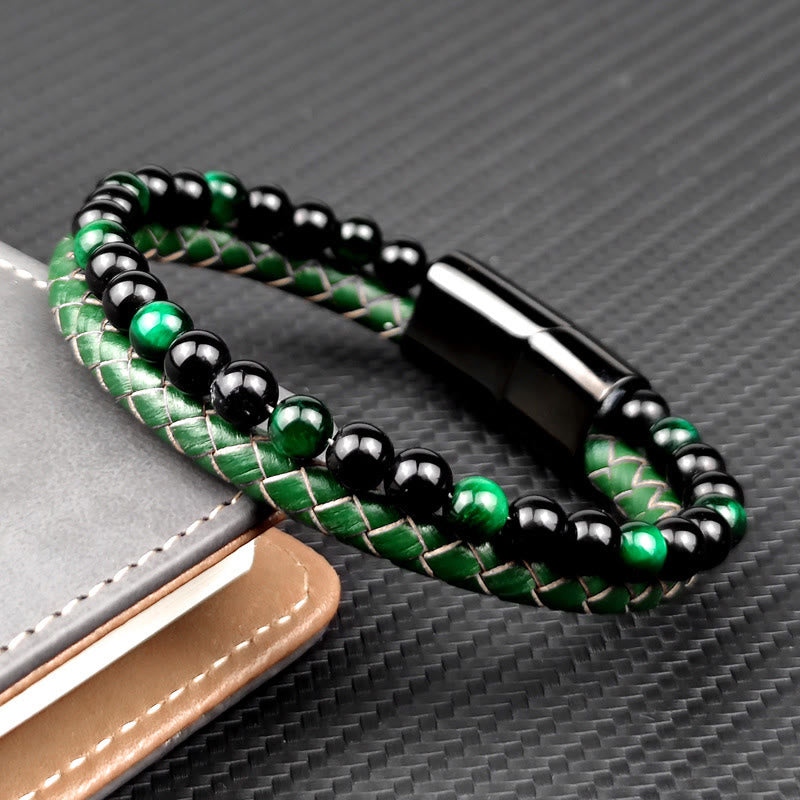 Armband Grünes Tigerauge Leder Stärke Onyx Perlen Magnetverschluss Herren Schmuck