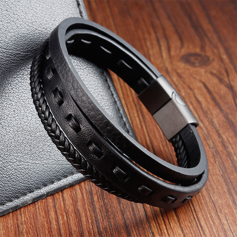 Armband Titanstahl Buckle Layered Geflochten Leder – Ruhe schwarz am Handgelenk