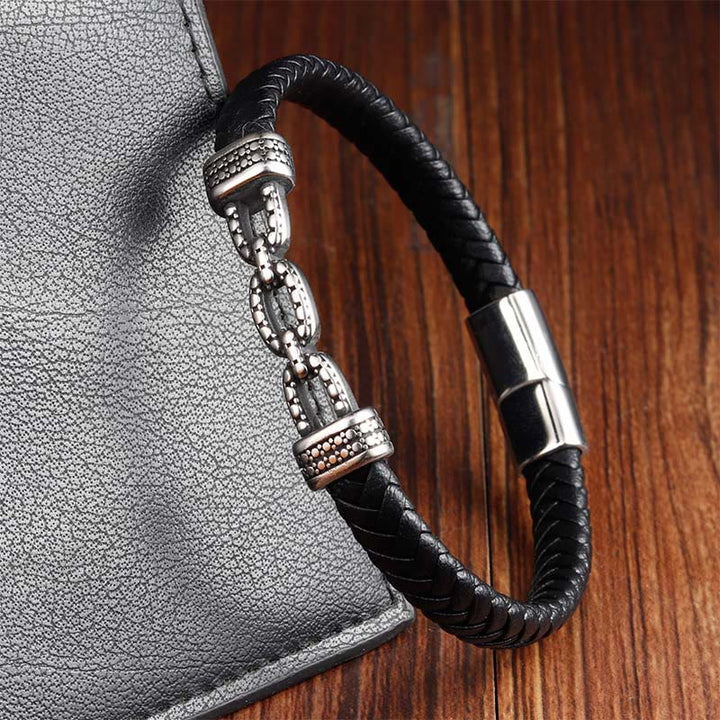 Schwarzes Armband Chain Link Titanstahl Leder elegant Stärke Handgelenk