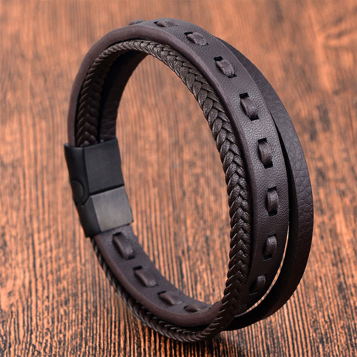 Armband Titanstahl Buckle Layered Geflochten Leder – Ruhe am Handgelenk in Braun