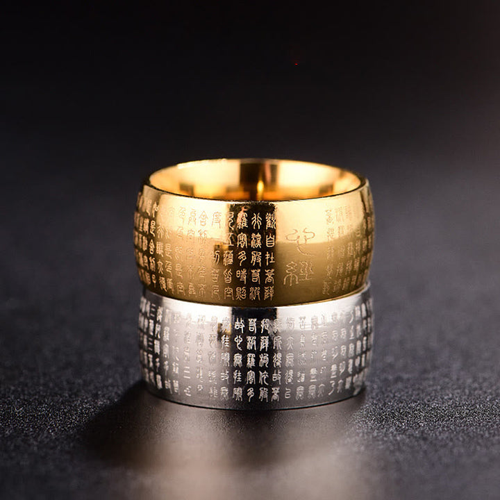Tibetischer Ring aus Titanstahl mit Herzsutra graviert Balance