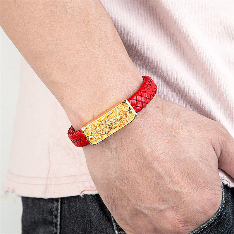 Rotes Lederarmband mit goldenem Buddha Symbol Titanstahl Verschluss Schutz Stärke