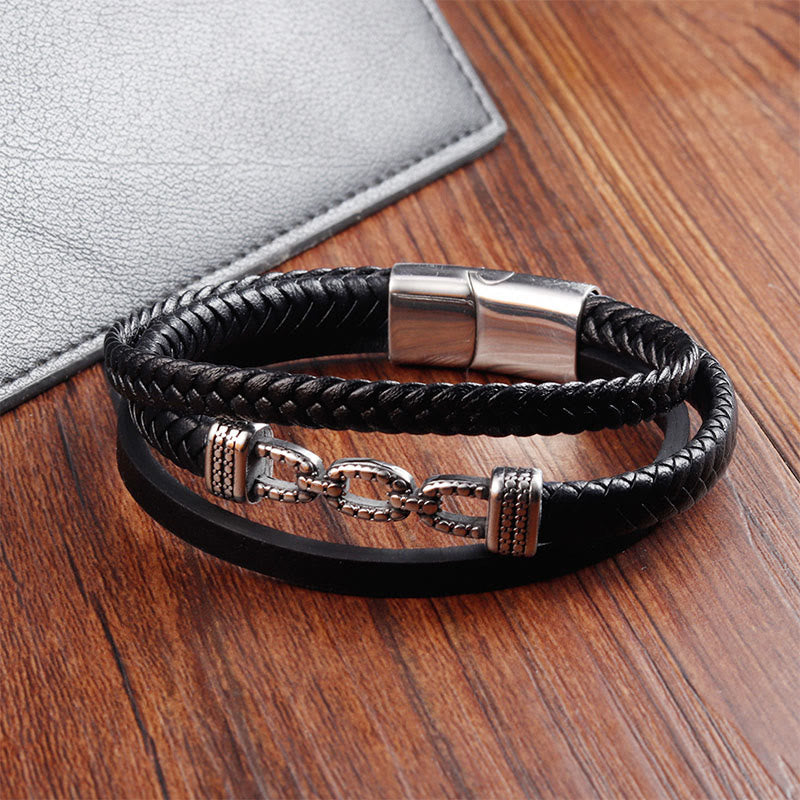 Schwarzes Armband Leder Titanstahl Chain Link elegant Stärke
