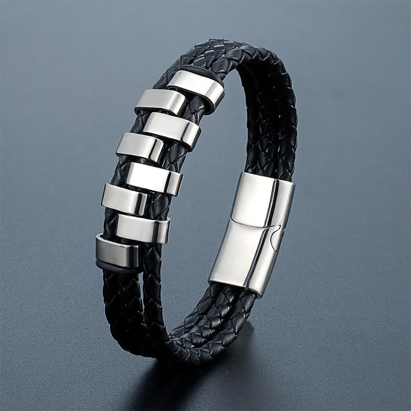 Armband Geometrisch Titanstahl Leder schwarz mit silbernen Segmenten Stärken