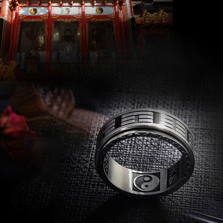 Titanstahl Ring mit Yin Yang Bagua Symbol Balance Energie Design