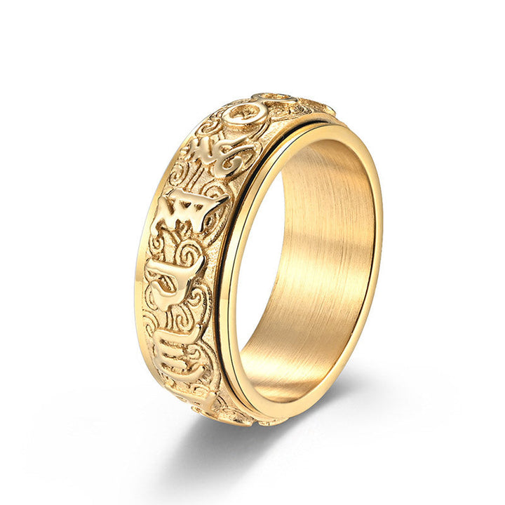 Ring Titanstahl Om Mani Padme Hum goldene Verzierung Balance Ruhe