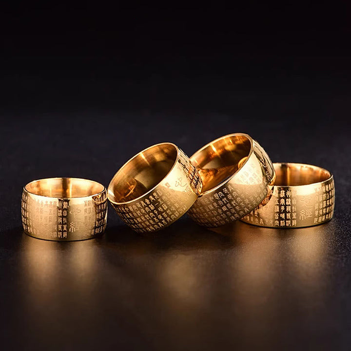 Vier Ringe Titanstahl Tibetisches Siegel Herzsutra Balance graviert Gold