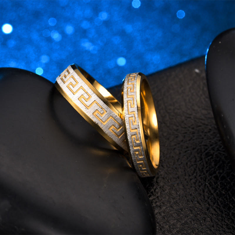 Titanstahl Ring Tibetische Mauer Balance Meander Muster eleganter Schmuck
