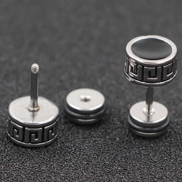 Ohrringe Titanstahl Stecker Mäander Muster schwarz silber Boho Schmuck