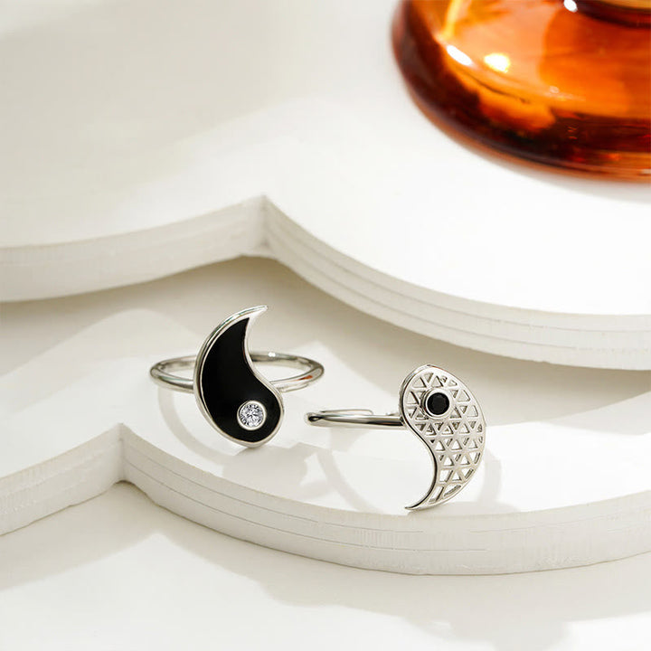 Ring Titanstahl Yin Yang Paar Balance zwei elegante silberfarbene Schmuckringe