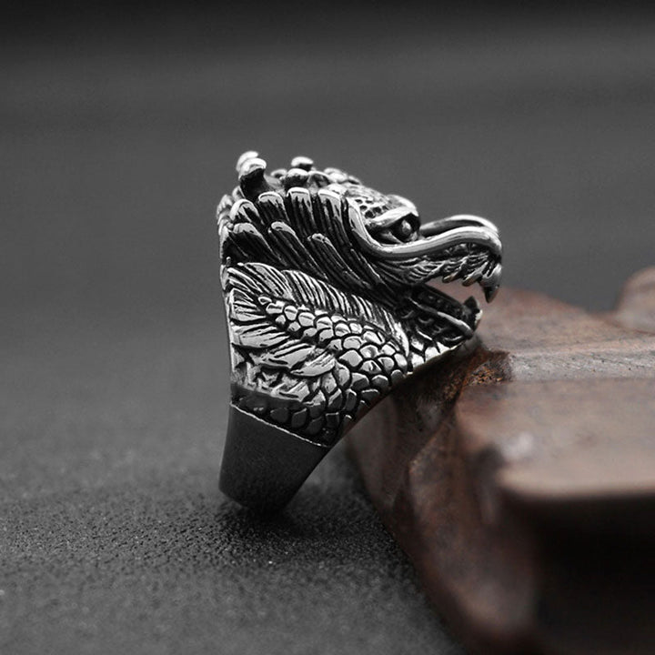 Ring Titanstahl Drachen – Harmonie mit feiner Drachenschnitzerei Fengshui Glück