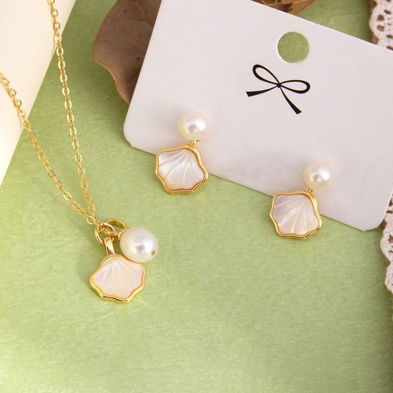 Kupfer-Gold Schmuckset Perlmutt Perlen Tridacna Ginkgo Segen Anhänger