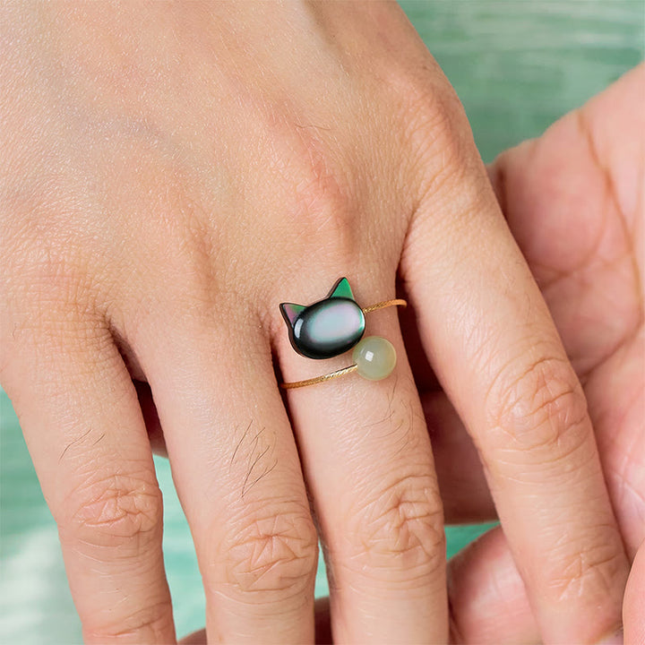 Tridacna Katze Ring mit Pixiu Schutz Glück Charme am Finger