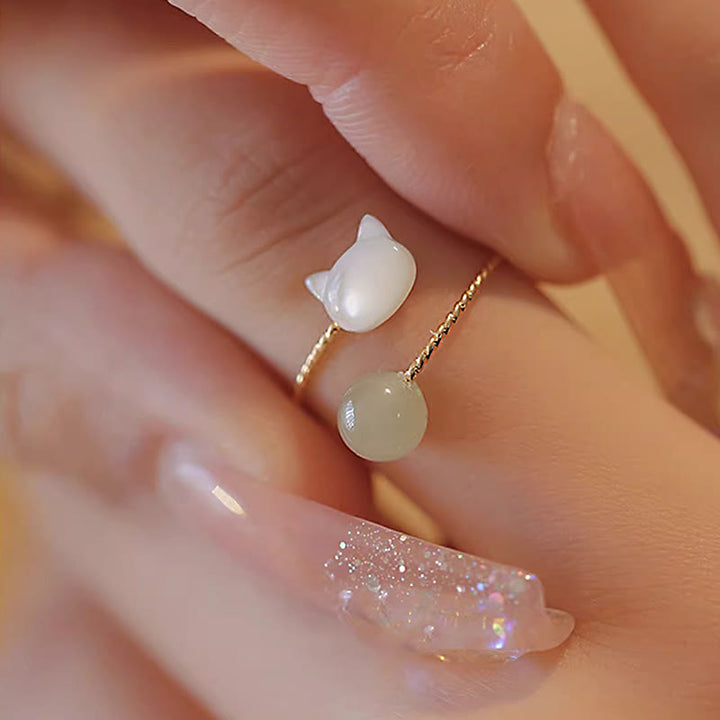 Jade Katze Ring Tridacna – Segen auf Finger getragen Glück