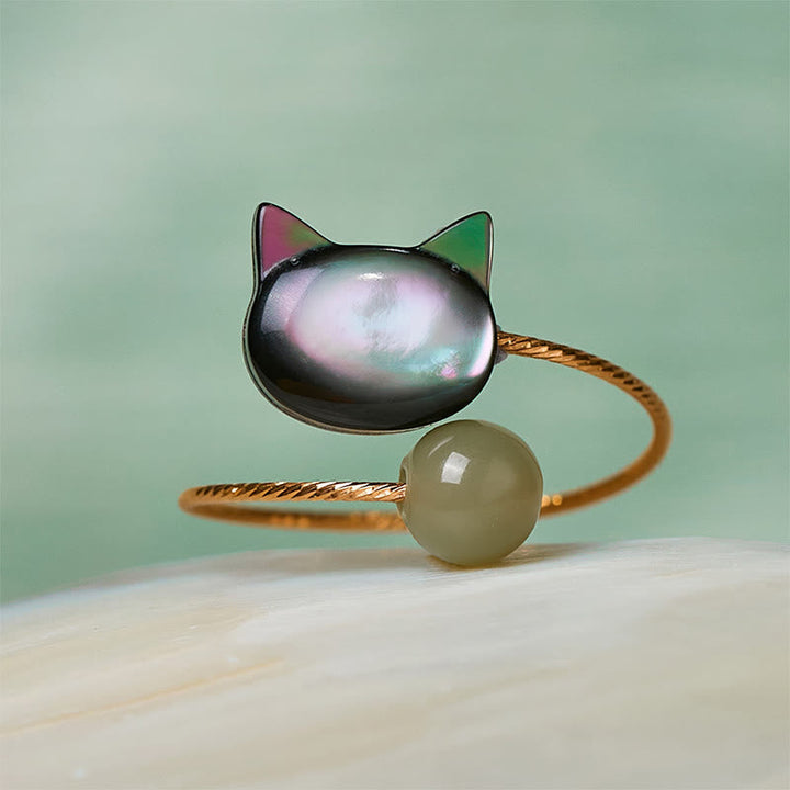 Ring Schwarze Tridacna Jade Katze Segnung Glück Fengshui Schutz